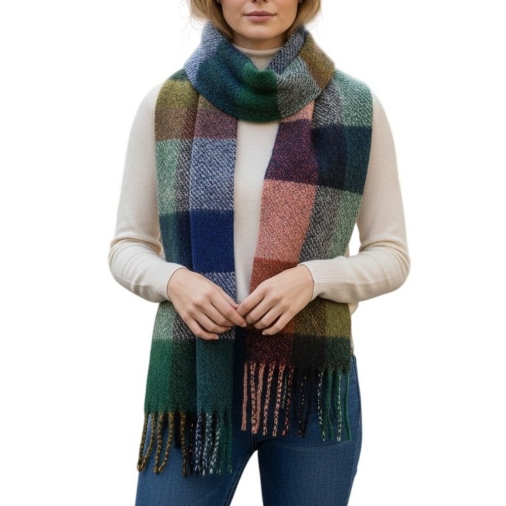Lizard Thicket Plaid Scarf Womens OS Multi Color Fringe Oversized‎ Soft Cozy